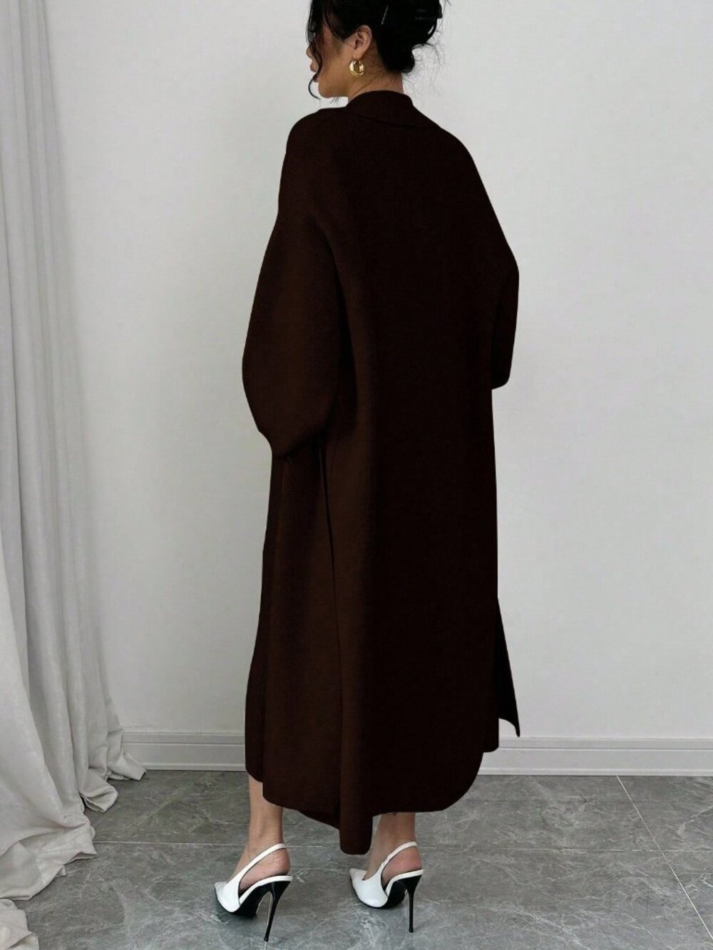 Brown Casual Minimalist Women's Spaghetti Strap knit Dress & cardigan set - Picture 3 of 8